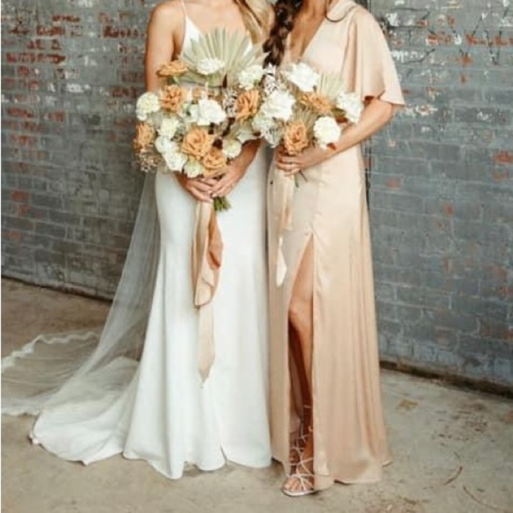 Champagne silk maxi dress gown with slit XS